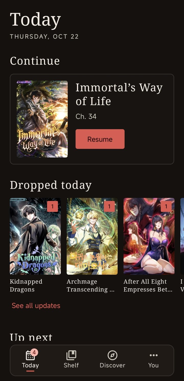 MoMan Today screen: a Continue card with a Resume button and a Dropped today row of new chapters